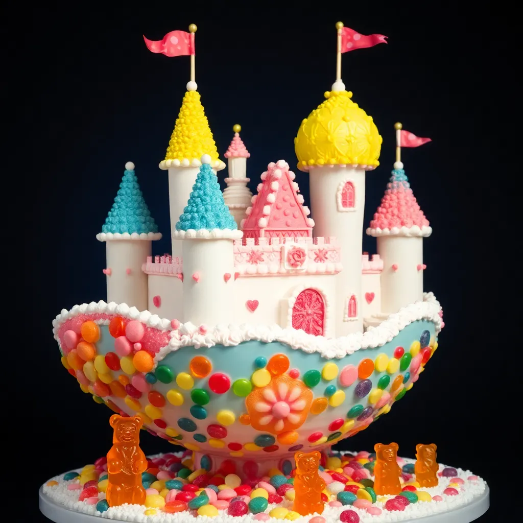 A colorful, whimsical castle made of cake and candy, with pink and yellow turrets and a cherry on top.