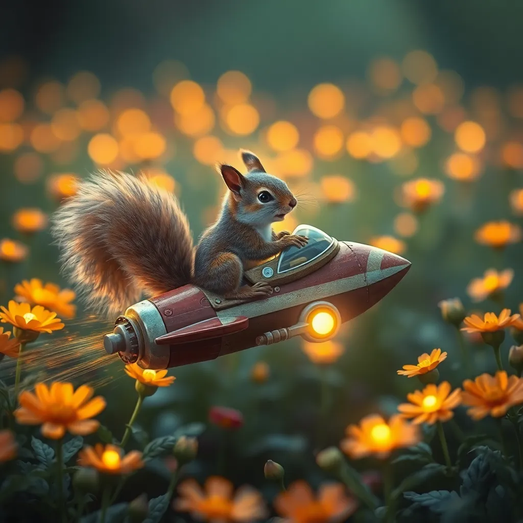 Squirrel riding in a leaf boat through a field of flowers.