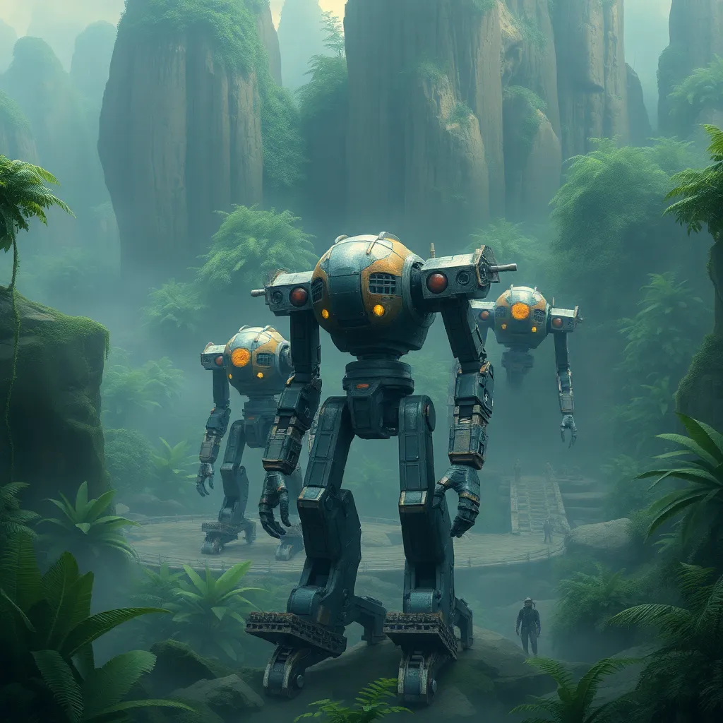 Two humanoid robots walking through a dense, misty forest.