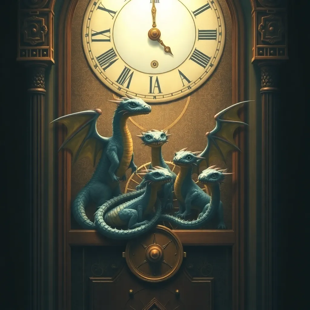 Large clock with dragon-shaped handles and a Roman numeral face.