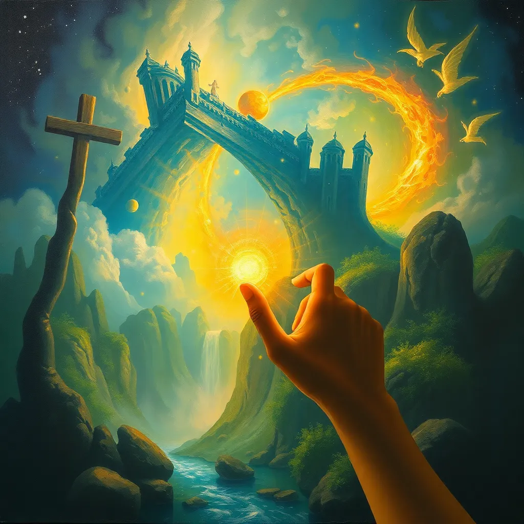 Hand reaching towards a glowing light in a surreal landscape with a church and cross.