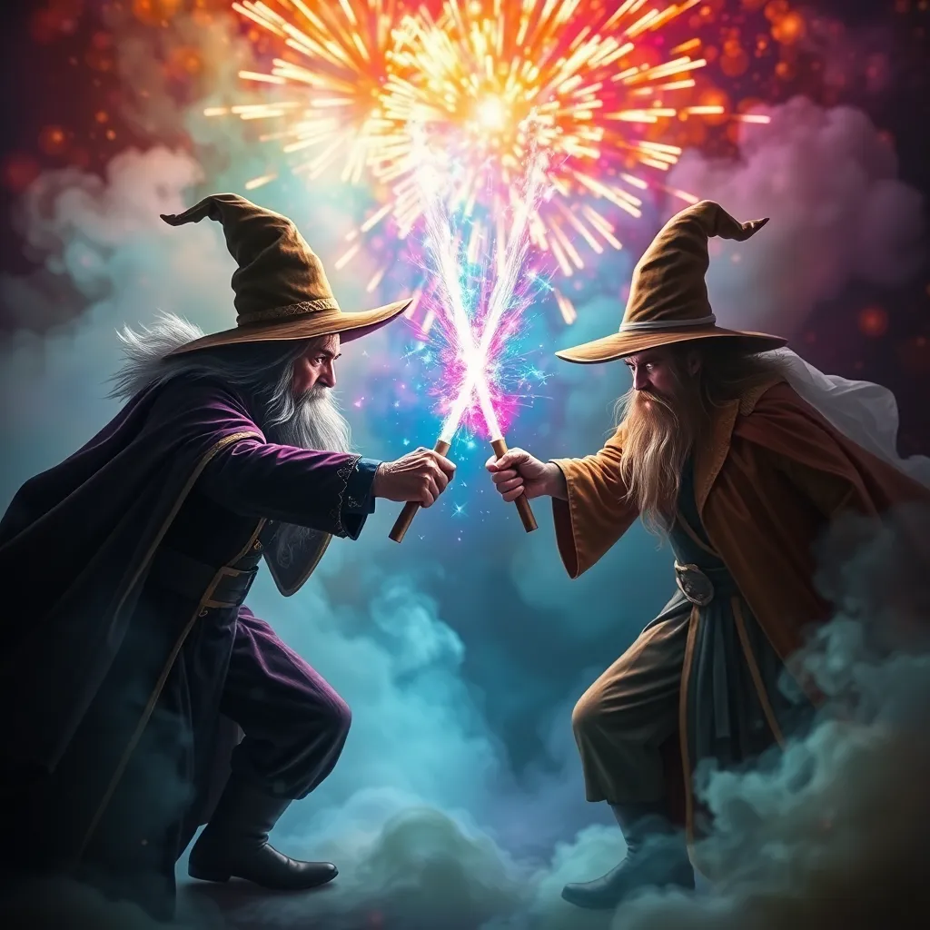 Two wizards casting spells with fireworks exploding behind them.