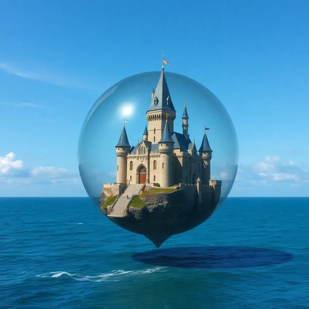 Castle inside a transparent orb floating above the ocean.