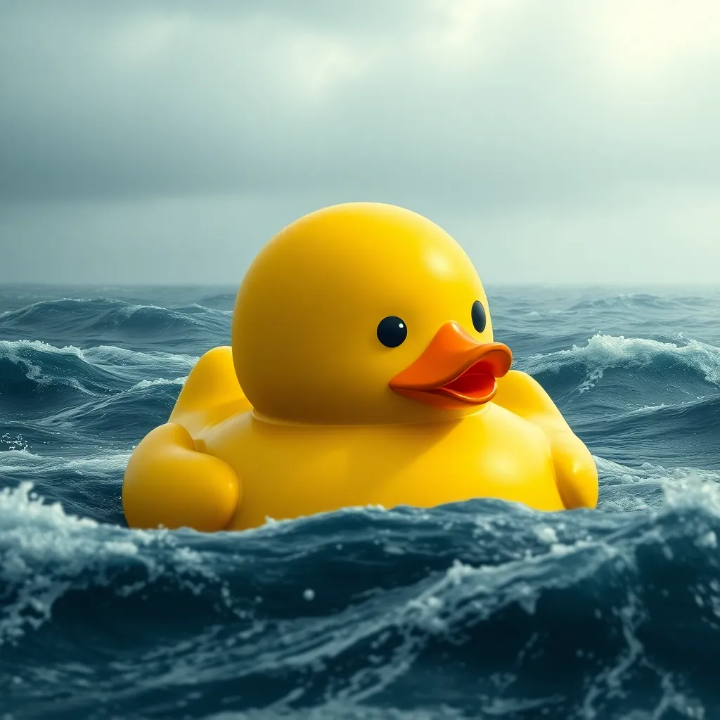 Yellow rubber duck floating in a rough ocean.