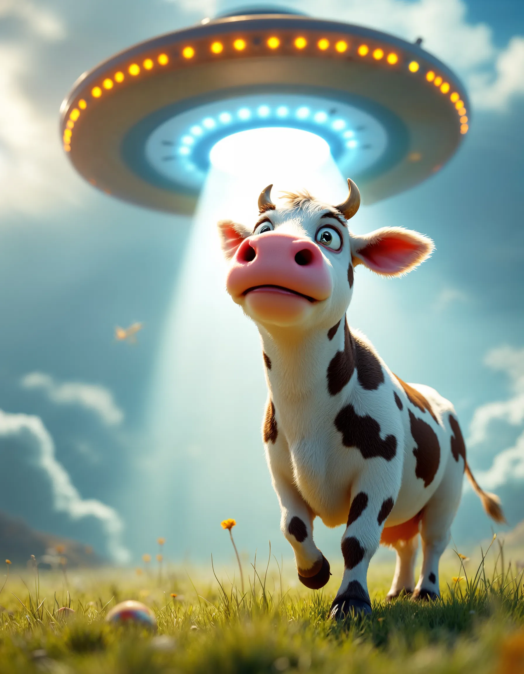 Cow being beamed up by a UFO in a field.