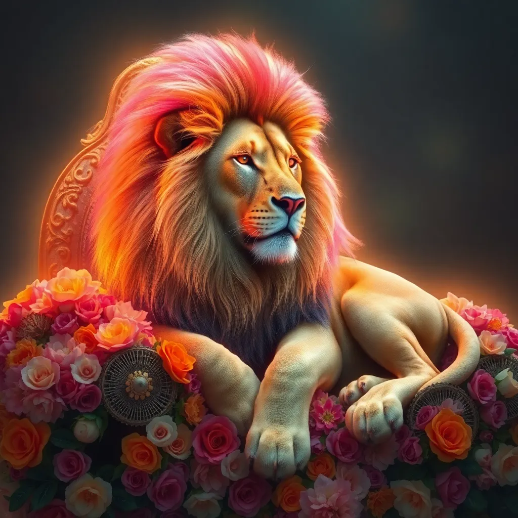 Lion with a mane made of flowers lying on a bed of flowers.