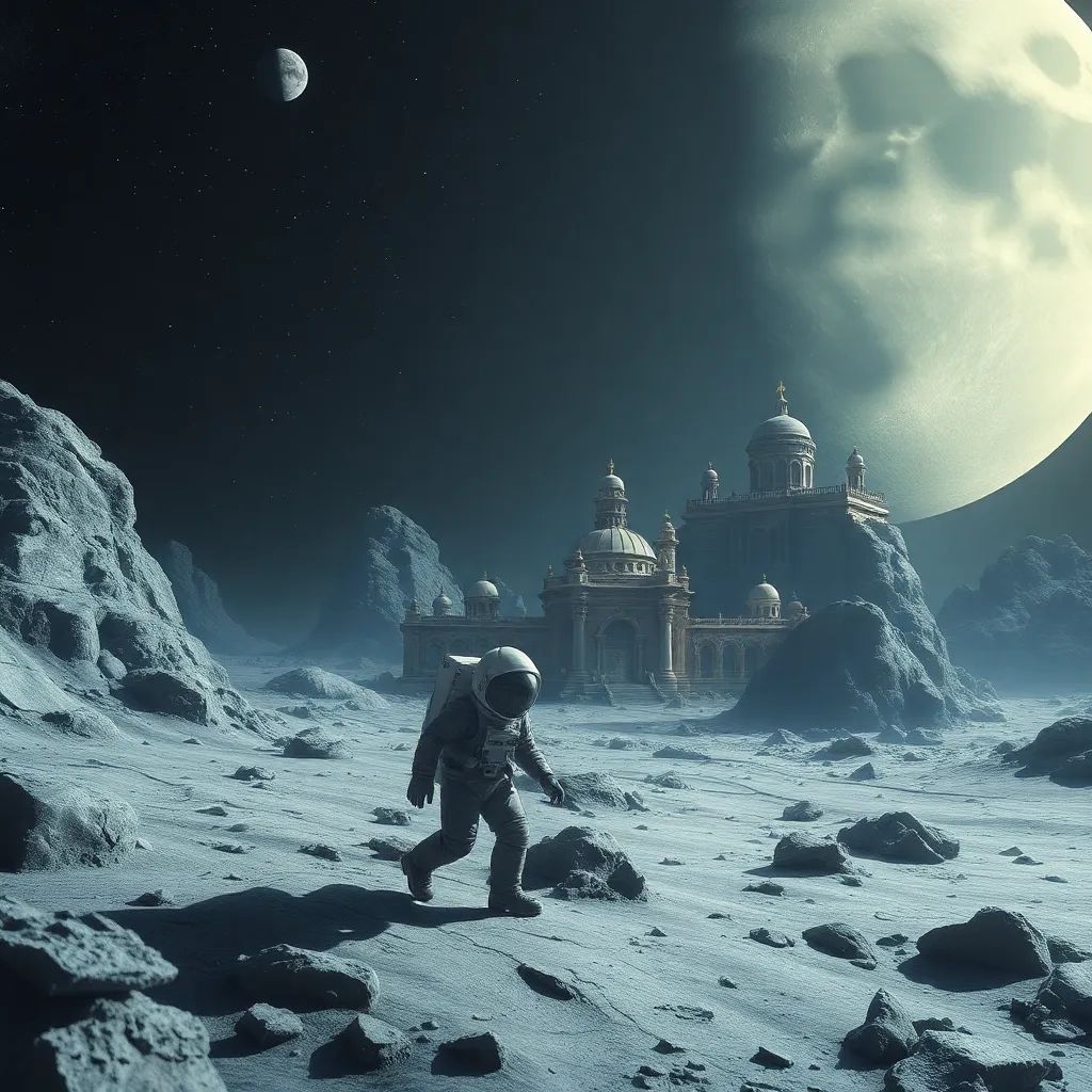 An astronaut walks on a rocky planet surface, with a large moon and a futuristic city in the background.