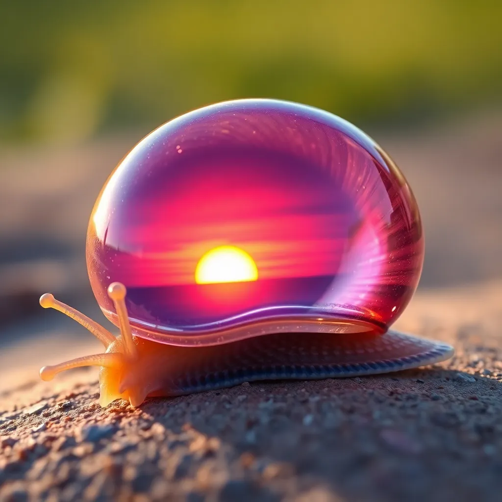 Snail with a transparent shell reflecting a sunset.