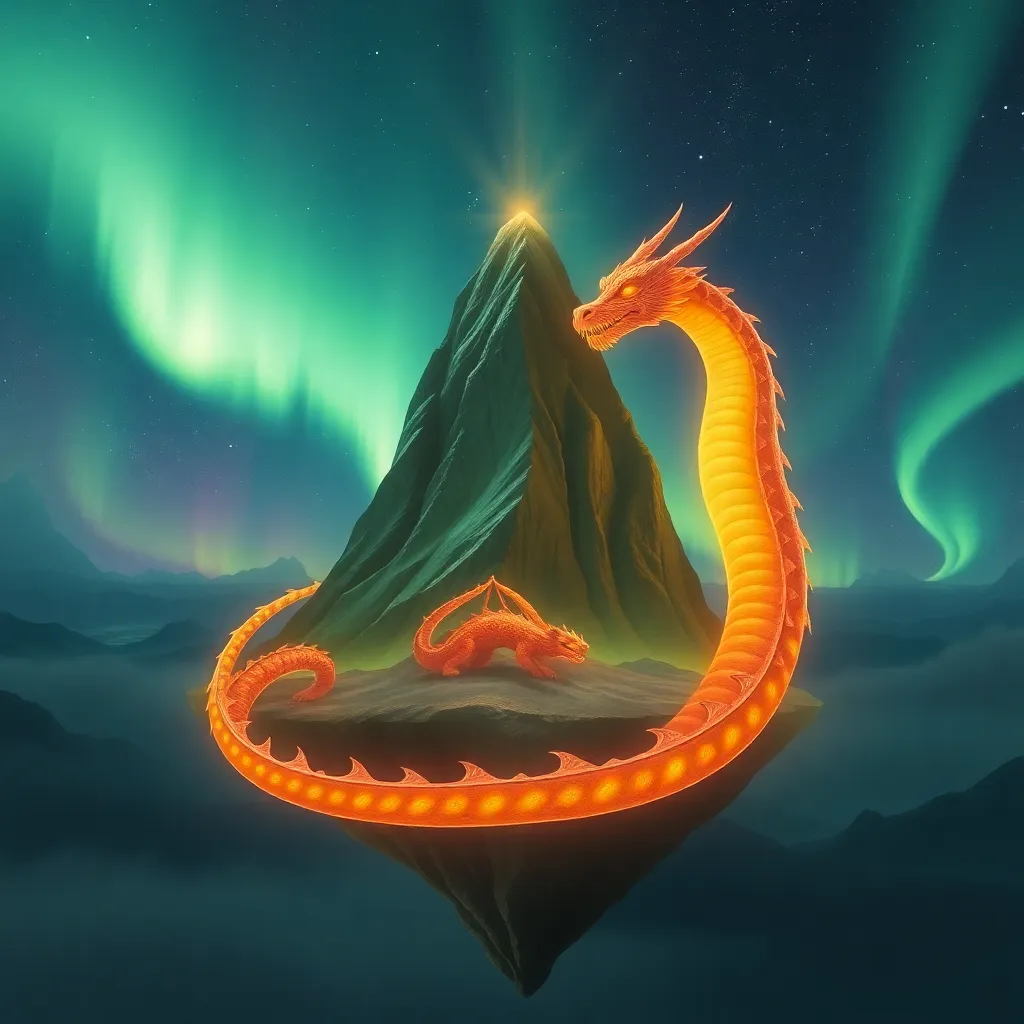 Orange dragon curled around a floating island against an aurora borealis sky.