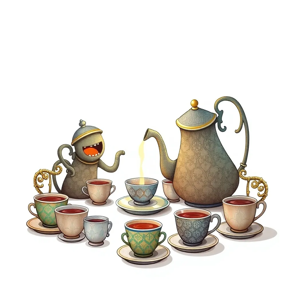 Antique tea set with teapot, teacups, and saucers on a white background.