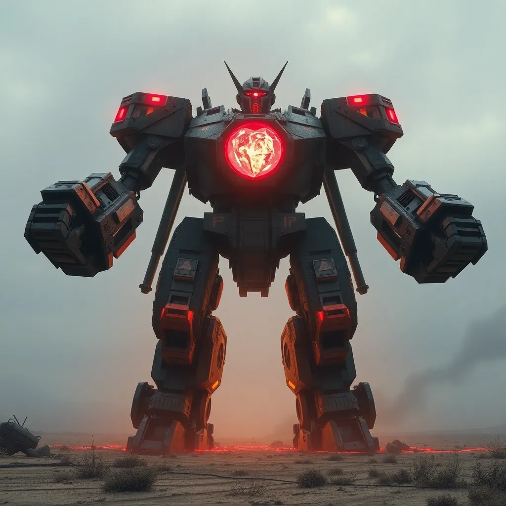 Large, dark robot with glowing red eyes standing on a desolate landscape.