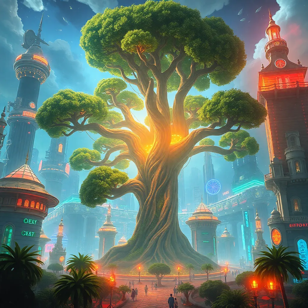 Large glowing tree with green foliage in a city with lit towers.