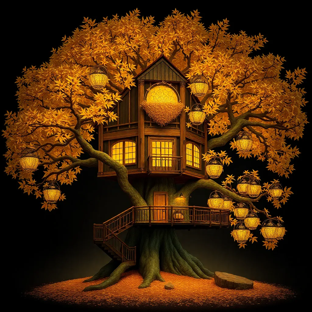 Treehouse nestled in a large golden tree against a dark background.