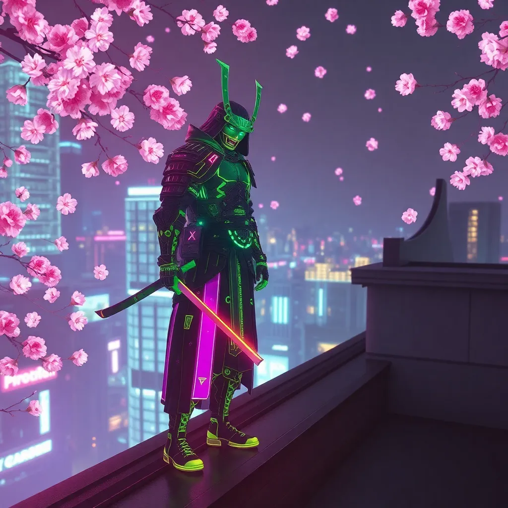 Cyberpunk figure with sword standing on a rooftop at night, pink cherry blossoms in background.