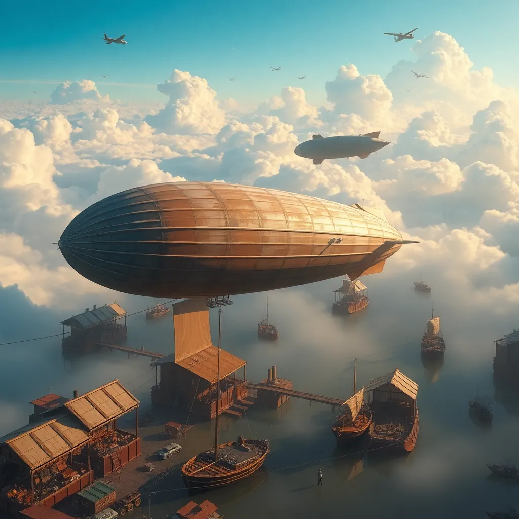 Large airship flying over a city among clouds.