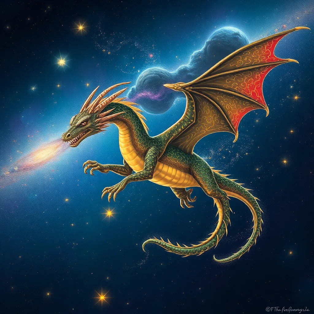 Green dragon with orange wings flying in space, breathing fire.