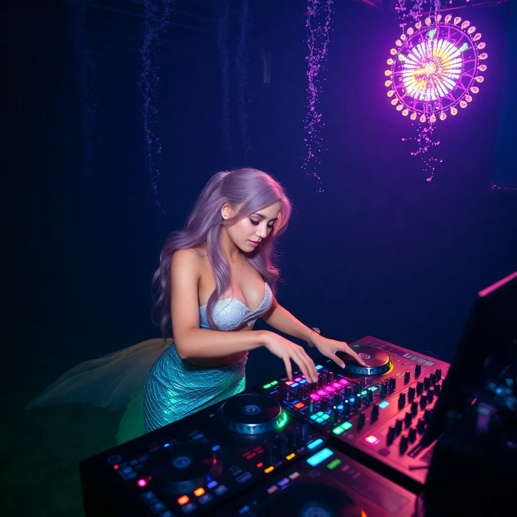 A woman with purple hair sits at a colorful DJ mixing board, with a neon light design in the background.