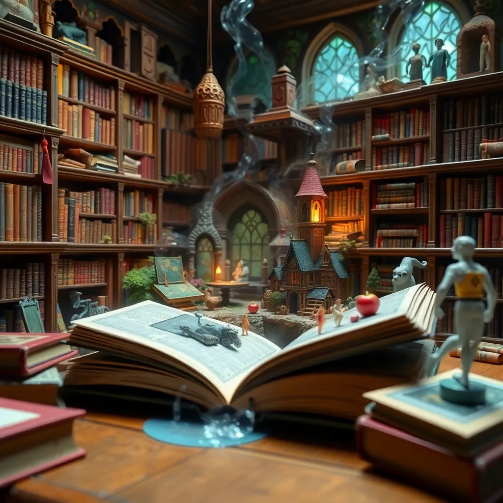 A room filled with tall bookshelves, with an open book in the foreground and light streaming through a window.