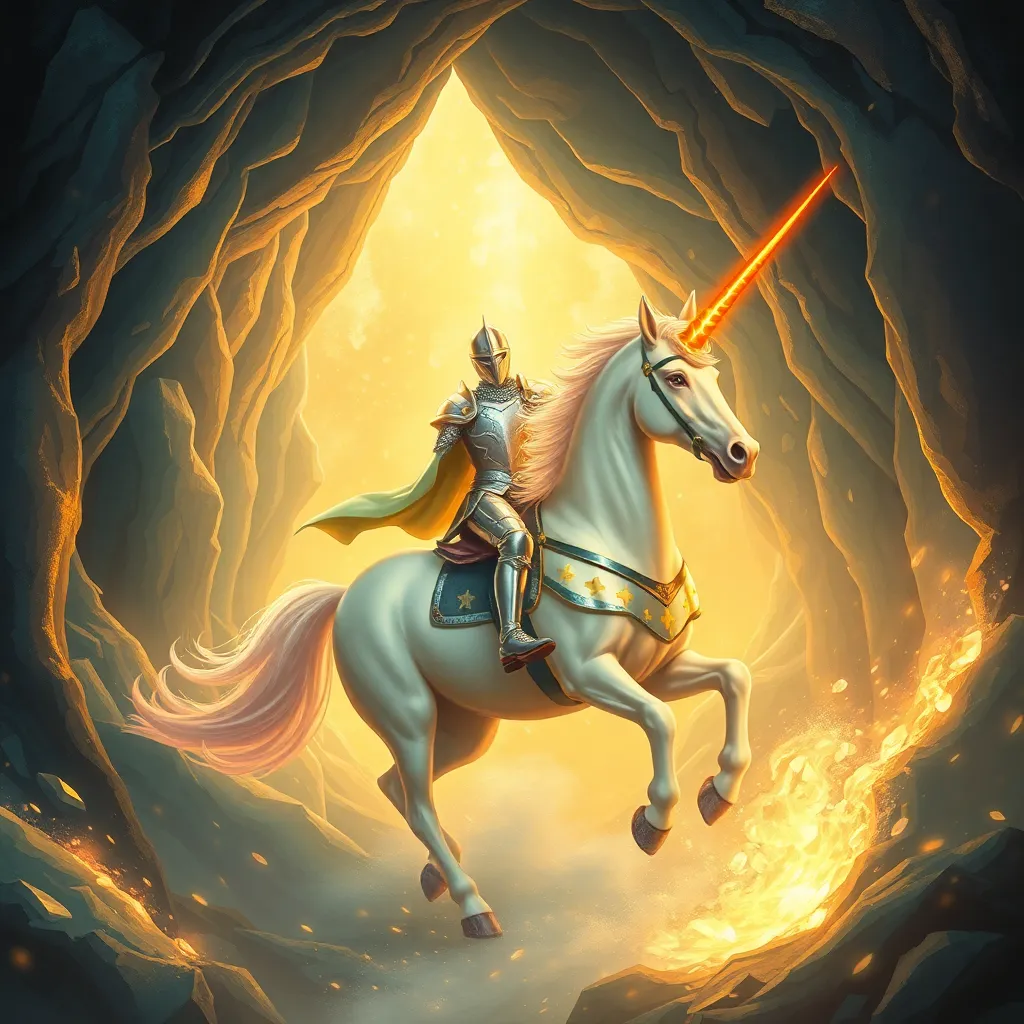 A knight on a white horse, holding a glowing sword, riding through a bright light in a dark cave.