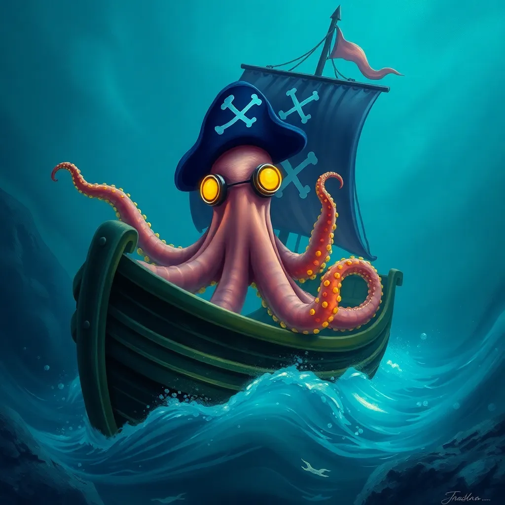 An octopus piloting a small sailboat with a black sail, navigating through a swirling blue ocean.