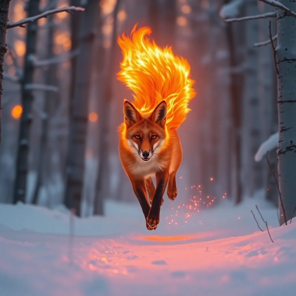 A fox made of fire running through a snowy forest.