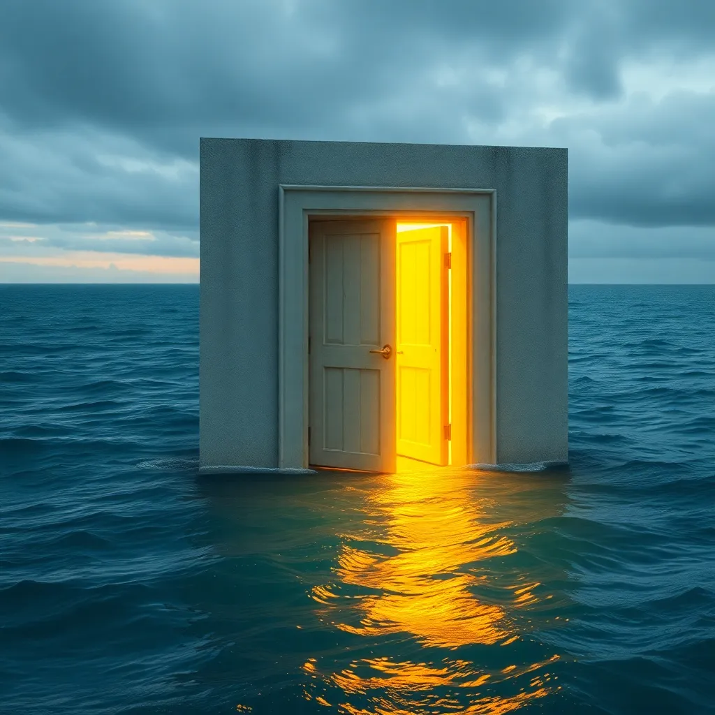 A white door standing in the middle of a body of water, with a bright yellow light glowing from inside.