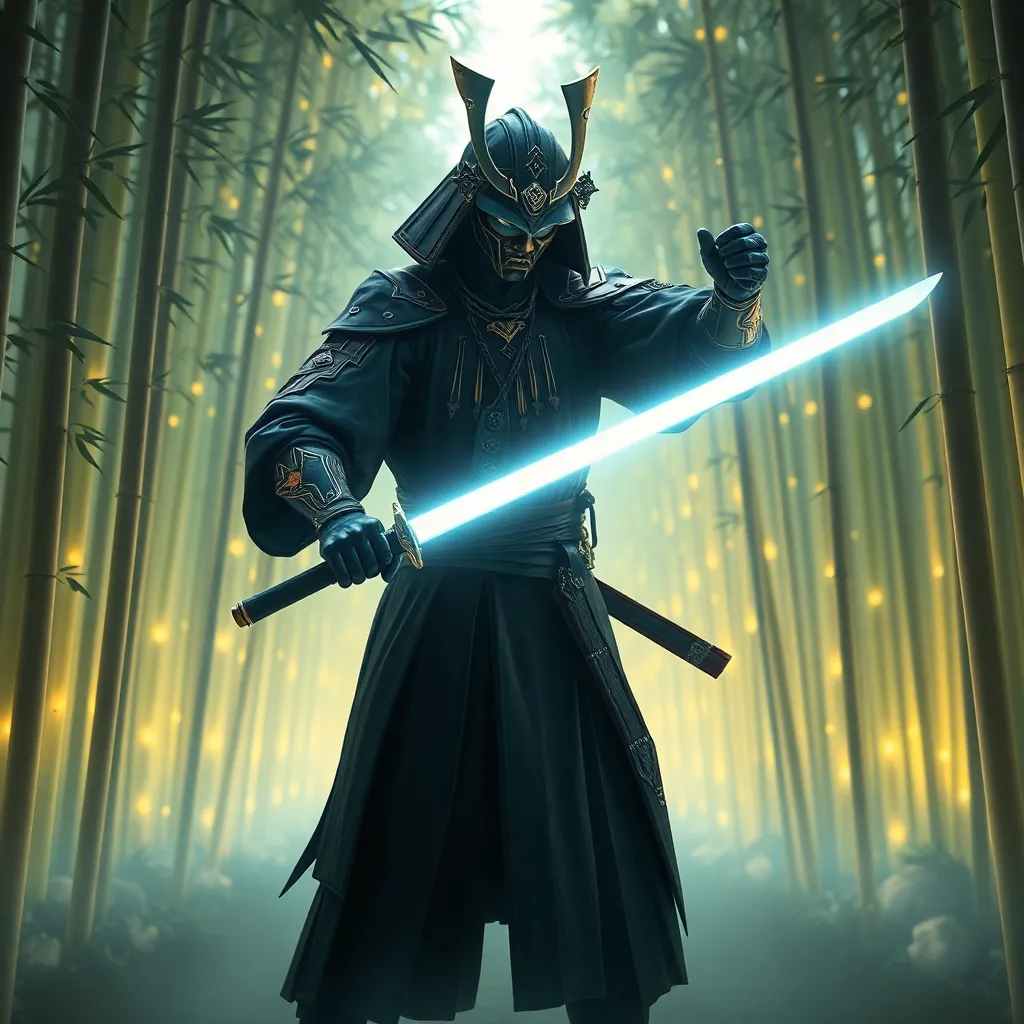 A samurai warrior with a glowing blue sword stands in a forest with light rays shining through the trees.