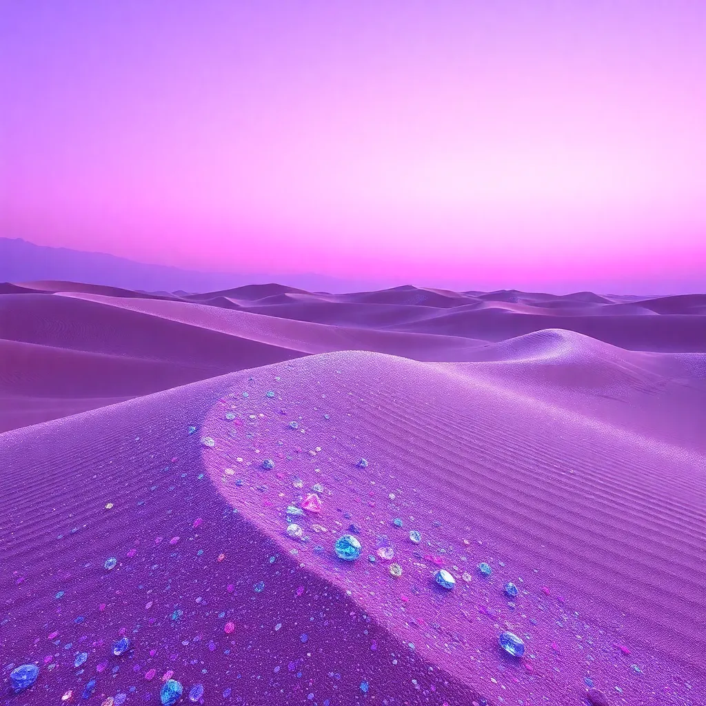 A desert landscape with rolling sand dunes under a bright, pink and purple sky.