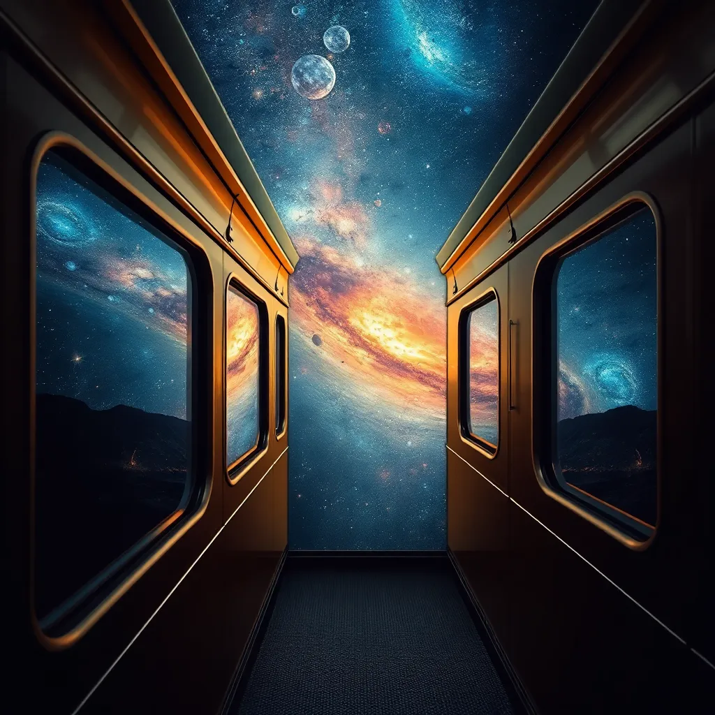 The interior of a train car with a large window showing a colorful, swirling galaxy.