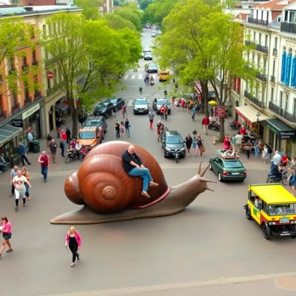 A giant snail shell being carried through a busy city street, with people walking around and cars driving by.