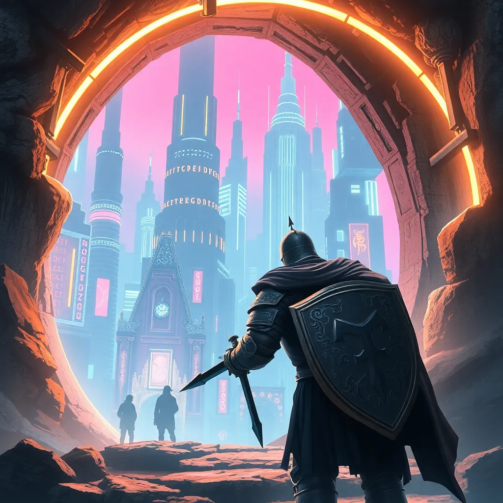 A knight in black armor stands at the entrance to a glowing portal in a stone wall, leading to a fantastical city.