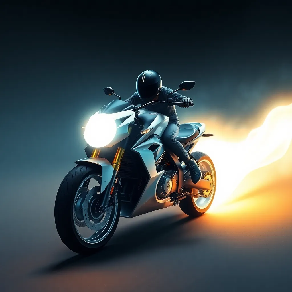 A motorcycle with glowing headlights and flames coming from the back, parked on a dark surface.