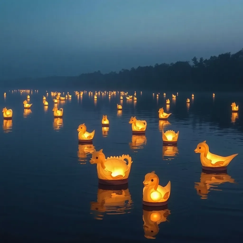 A calm lake at dusk with many lit paper lanterns floating on the water.