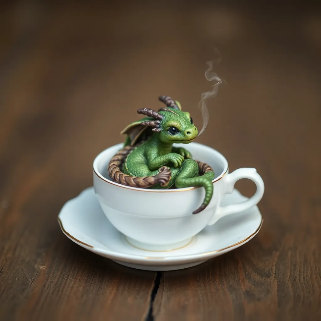 A small, green dragon curled up asleep inside a white teacup.