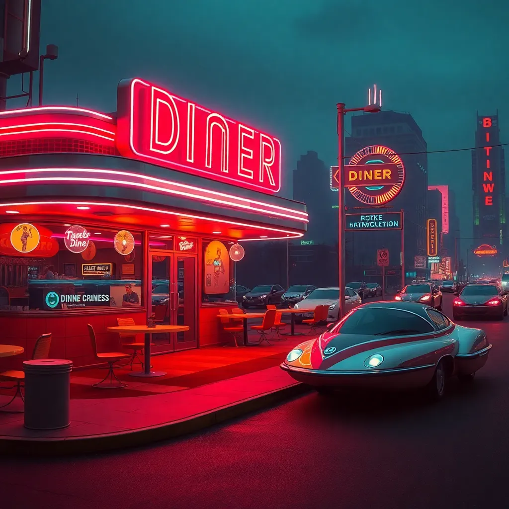 A vintage diner with a bright red neon sign at night, with a classic car parked in front.