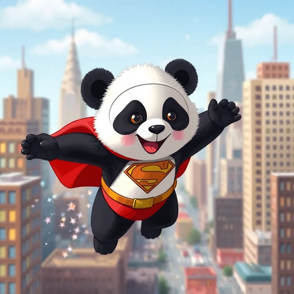 A cartoon panda bear wearing a red cape flies over a cityscape with tall buildings.