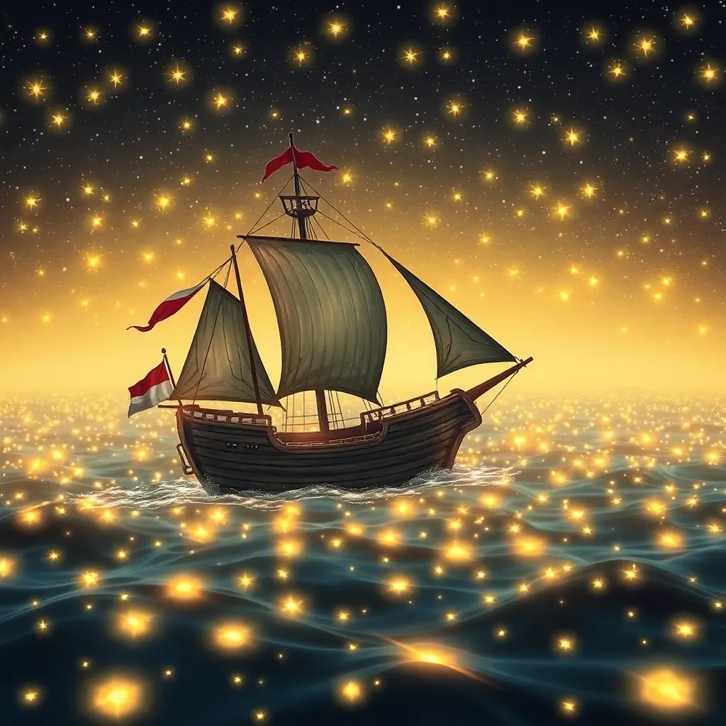 A small sailboat with a red sail floats on a dark sea with a sky full of glowing stars.