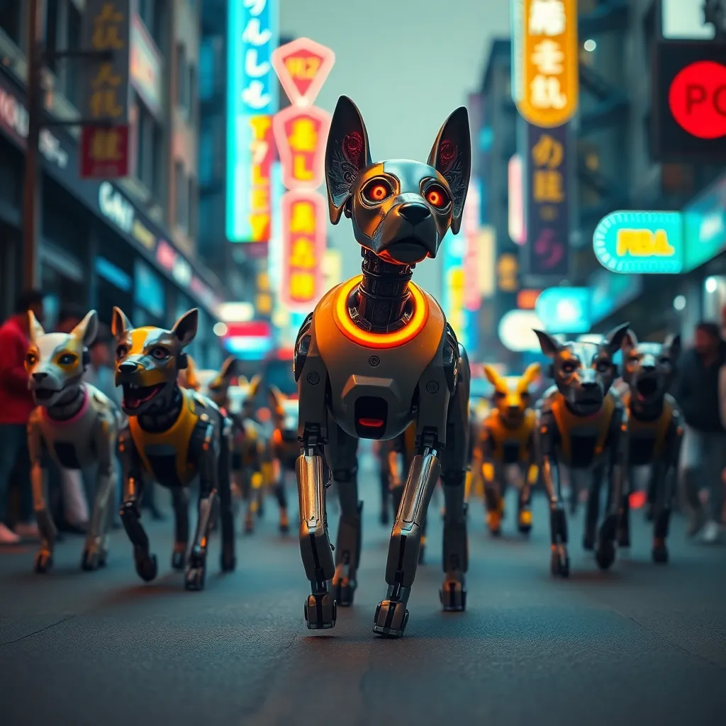 A group of futuristic, metallic dogs with glowing lights walking on a city street at night with neon signs in the background.