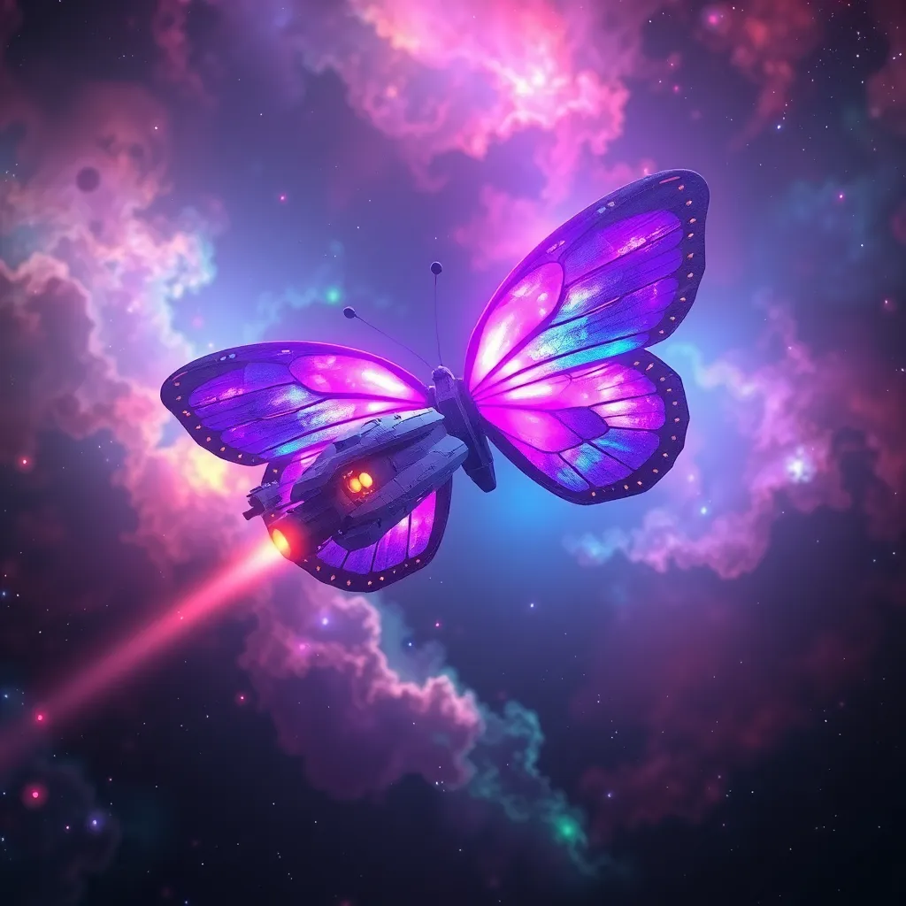 A vibrant purple and pink butterfly with glowing trails flies against a backdrop of a colorful nebula.