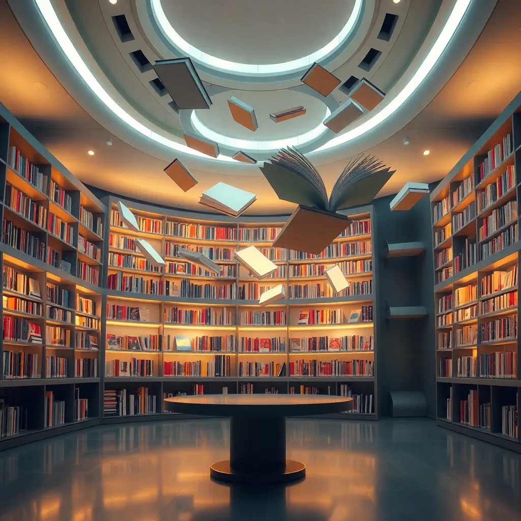 A modern library interior with tall bookshelves, a round table, and a unique curved design with soft lighting.