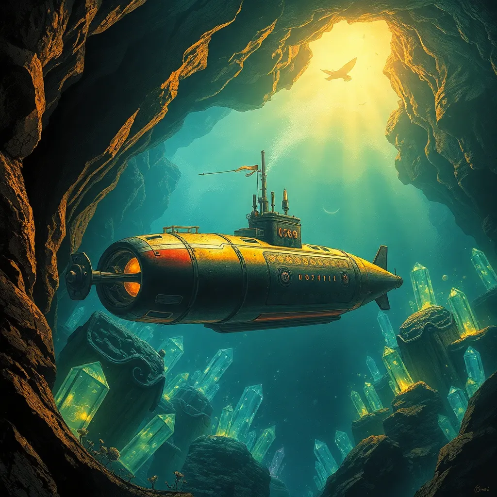 A yellow submarine floats in deep blue water, with light rays shining down from above and rocky formations on the sides.