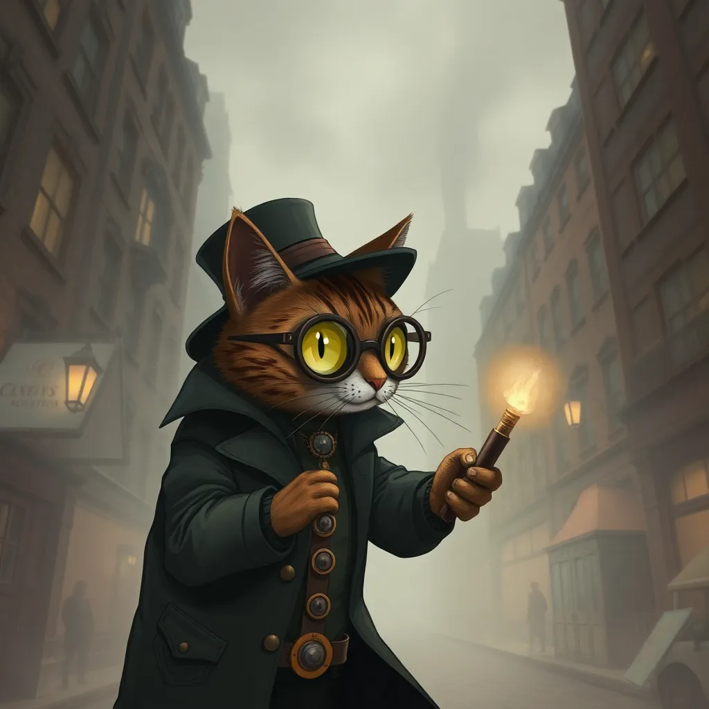 An orange cat wearing a top hat and glasses, holding a lit match, stands in a dark alleyway.