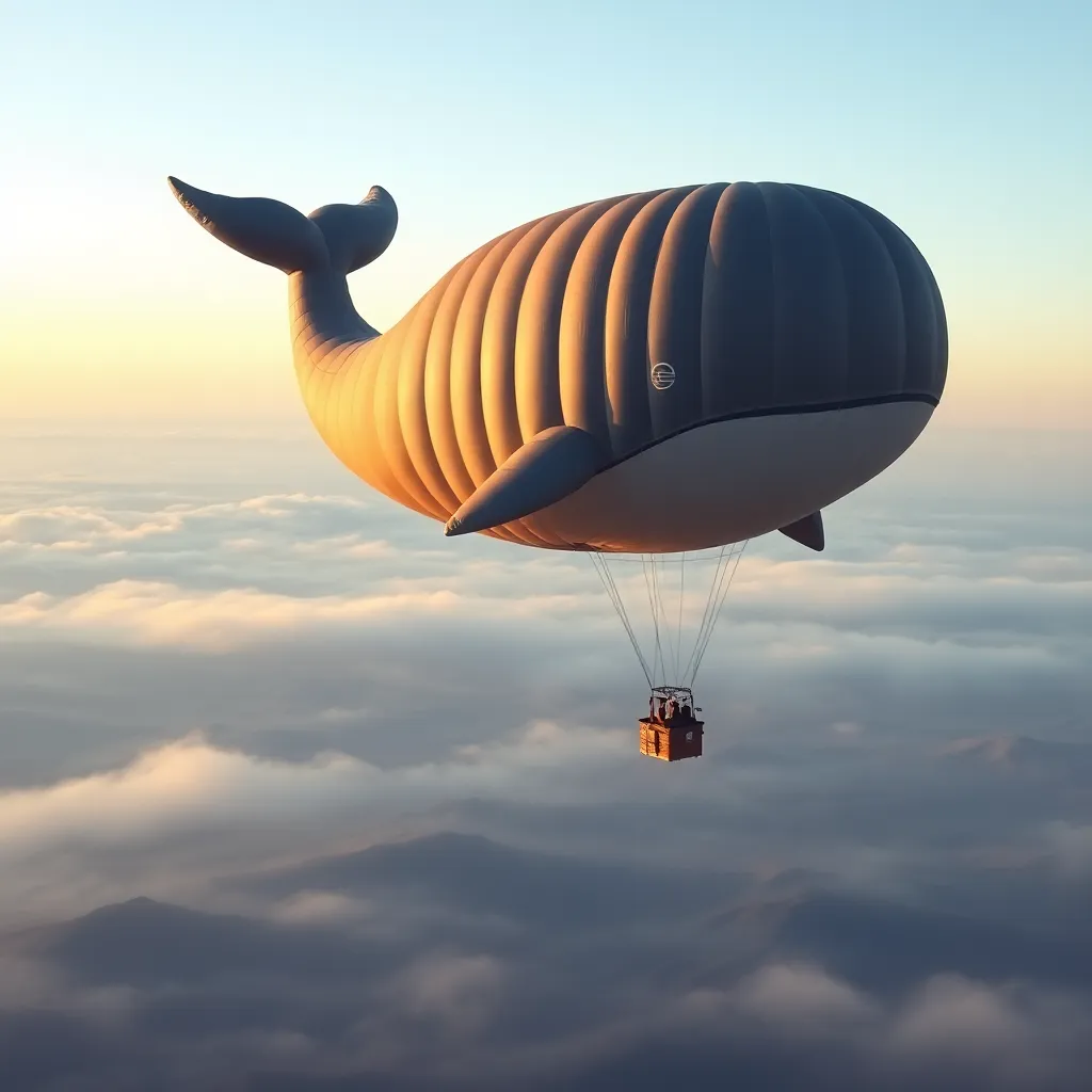 A large, blimp-like whale with stripes floats above a sea of clouds, with a small figure hanging below in a harness.