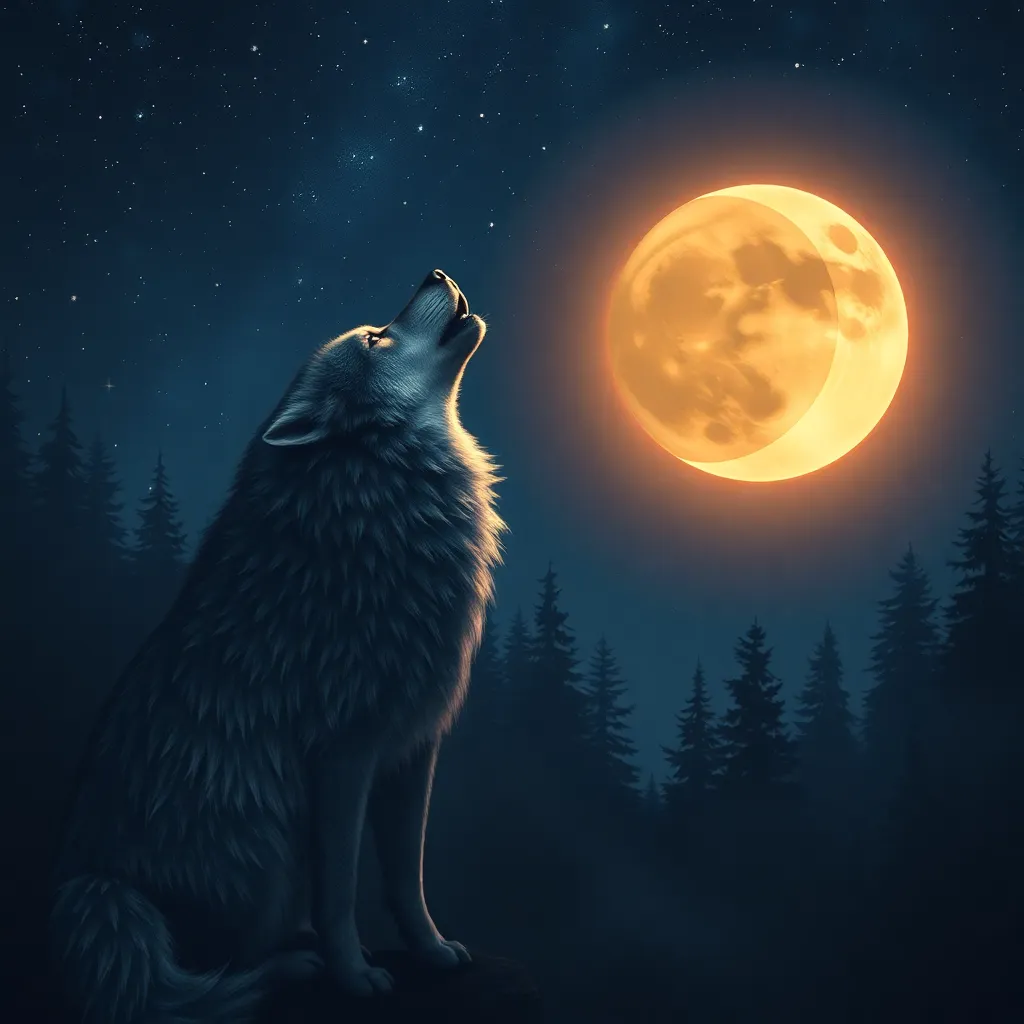 A wolf howling at a large, bright full moon in a dark forest with tall trees.