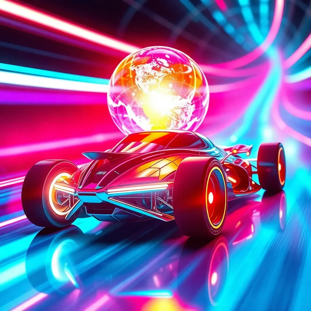 A futuristic red car with glowing neon lights and a spherical glass dome speeds through a tunnel with colorful lines.