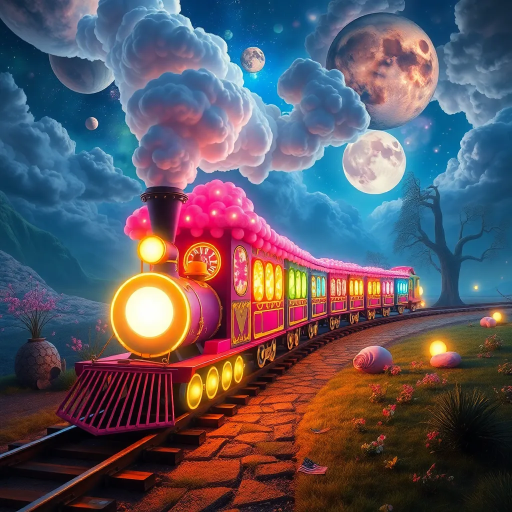 A colorful steam train with glowing lights travels through a whimsical landscape with floating islands and a cloudy sky with multiple moons.