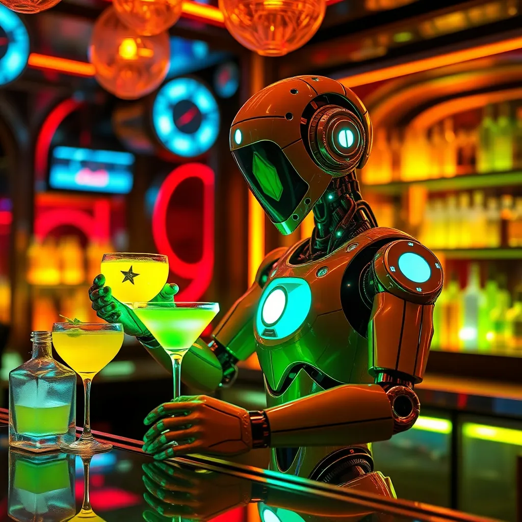 A robot bartender stands behind a bar, mixing drinks, with colorful lights and bottles in the background.