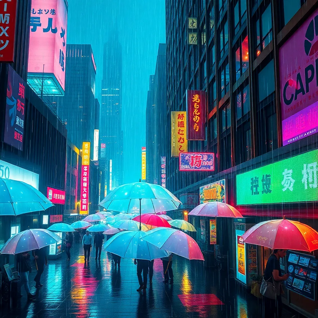 A rainy city street at night, with neon lights reflecting on the wet pavement and colorful umbrellas.