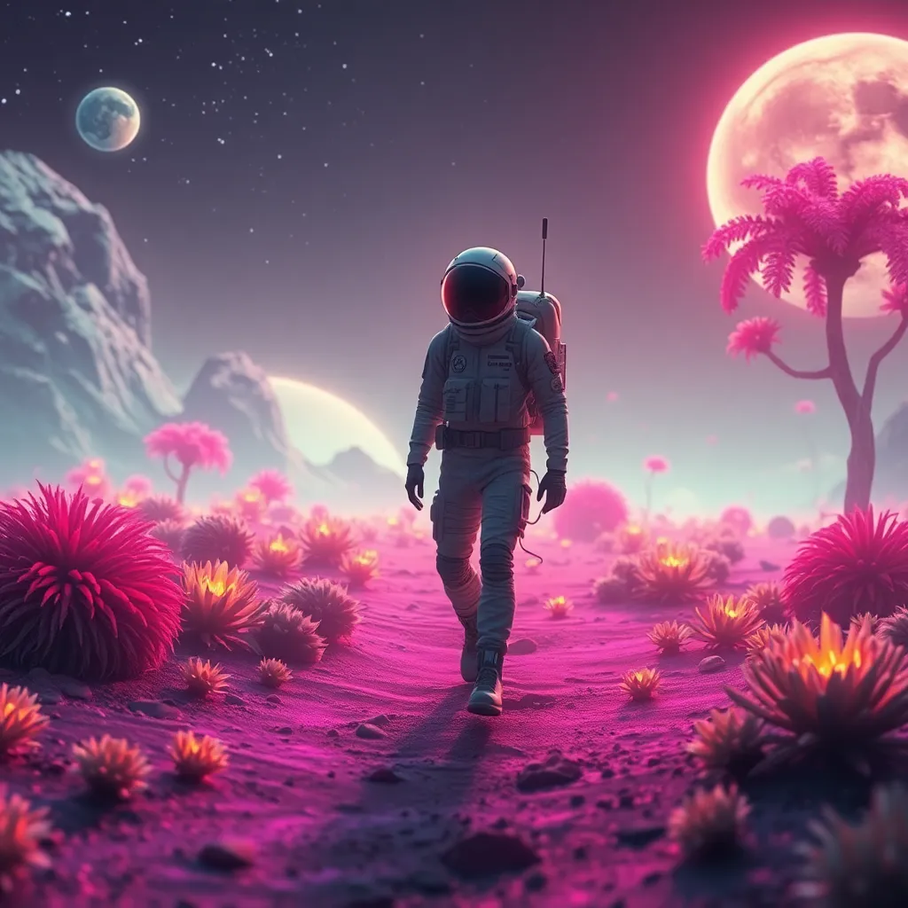 An astronaut walks on a surreal, pink and purple alien planet with a large moon and distant mountains.