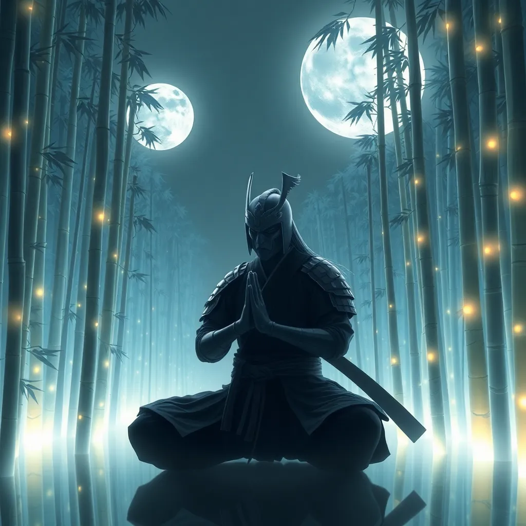 A samurai warrior sits in a meditative pose under a bamboo grove, with three moons visible in the night sky.